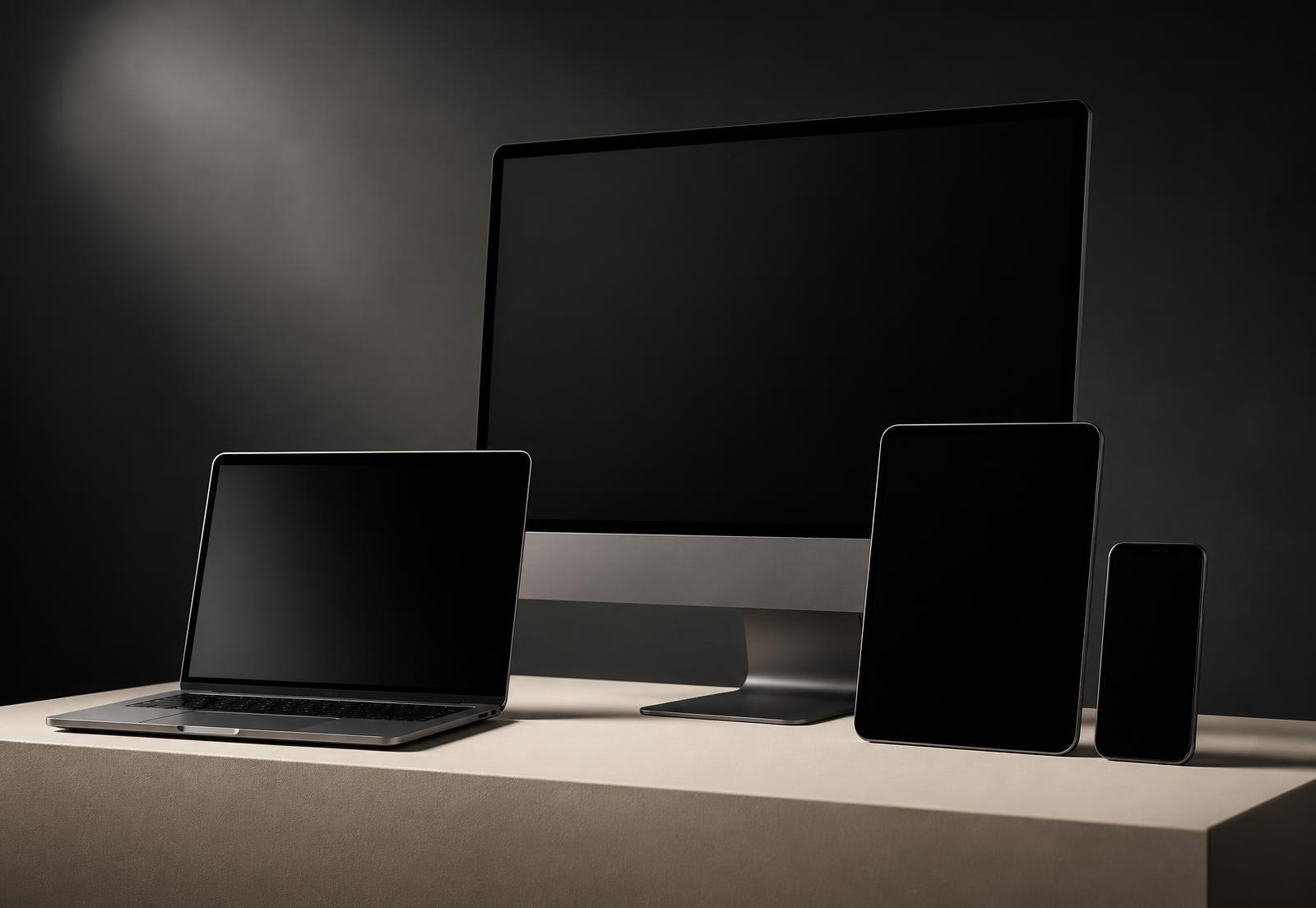 Monitor, laptop, tablet and phone arranged on a plinth