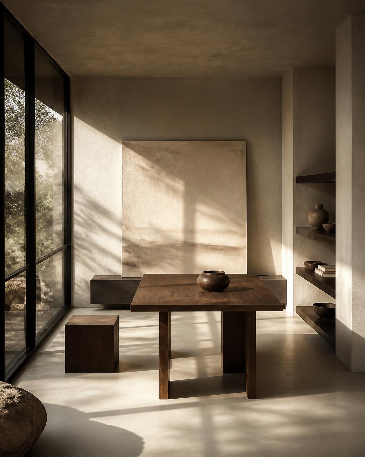 Quiet minimalist studio interior with warm daylight